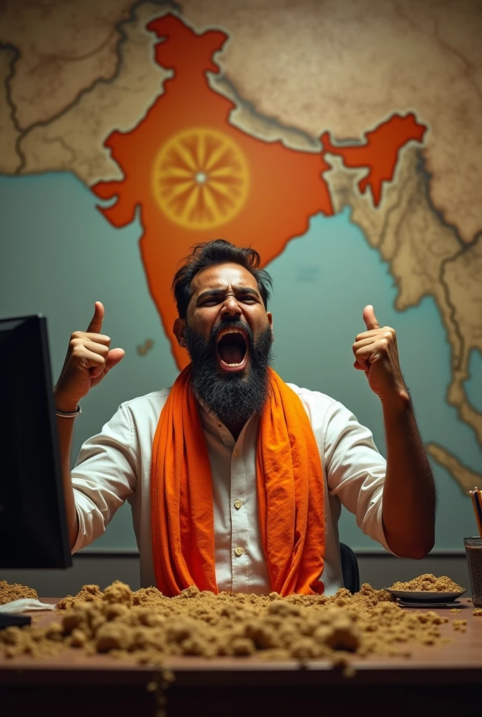 A Hindu sitting in front of desktop shouting, placing hands on the keyboard, a map of Akhand Bharat is visible on the wall behind him, cow dungs are haphazardly left around him, even on his hands.