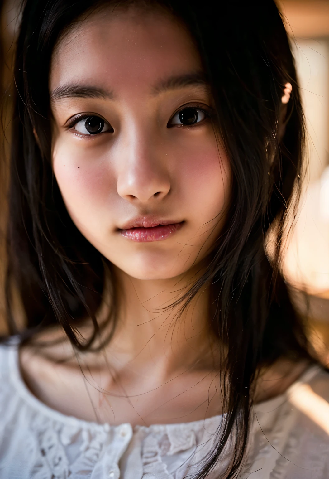 best quality, face focus, soft light, ultra high res, (photorealistic:1.4), RAW photo,
1japanese girl, solo, cute, (pupil, lights in the eyes),  detailed beautiful face, (small chest),(high resolution detail of human skin texture),
(long hair),
indoor,
Damask Shirt Dress,
(portrait)