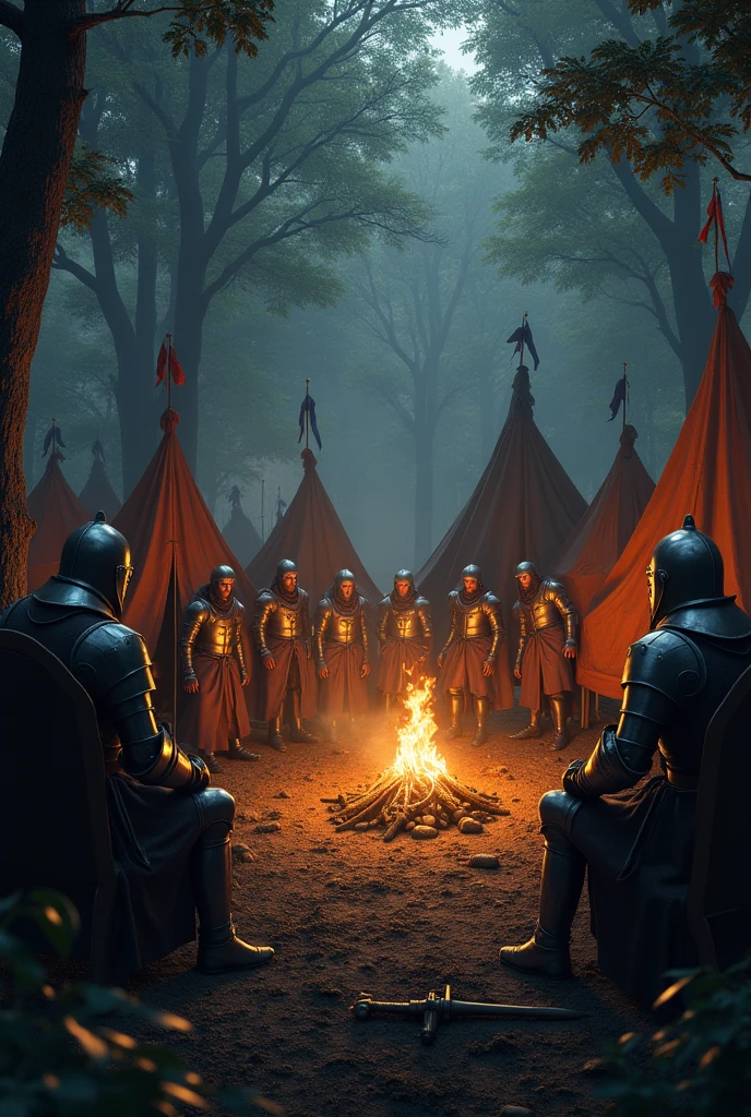 a camp of knights with tents and campfire in the dense dark forest with knights