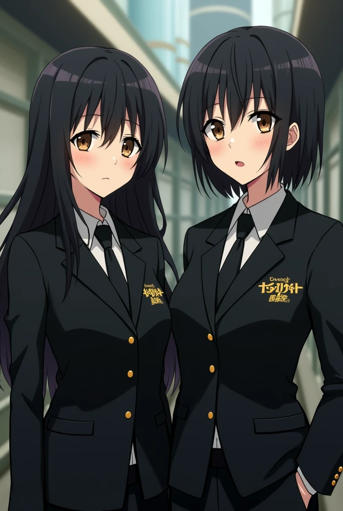 A woman and a man who look alike, black hair, brown eyes, wearing a black suit with small yellow Japanese letters on the chest and long sleeves in the style of an anime called Tokyo Revengers.