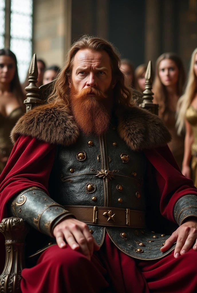 make a cover for a video on youtube: iron age man with beautiful brown hair with red beard, sitting on his throne in his castle with several beautiful women by his side