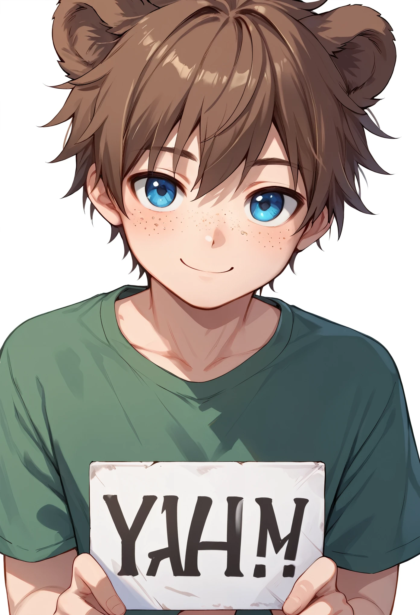 score_9_up, score_8_up, score_7_up, 1boy, solo, source_anime, (young boy, **********), kemonomimi, bear ears, brown hair, short hair, messy_hair, blue eye BREAK freckles, green shirt, short sleeves, blue pants, upper body, holding with two hands, holding sign, white sign, big sign, smile, closed mouth, white background, simple background, looking at viewer 