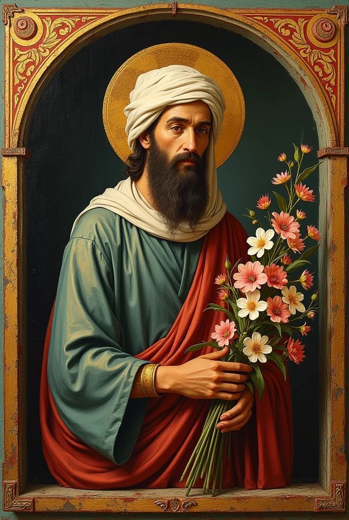 Old orthodoxe painting of the prophet Mohamed with flowers in a frame, in a sacred orthodoxe style. Icone orthodoxe. Medieval, iconographie religieuse, neo gothique