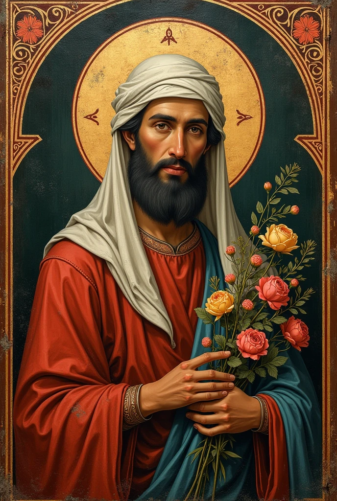 Old orthodoxe painting of the prophet Mohamed with flowers in a frame, in a sacred orthodoxe style. Icone orthodoxe. Medieval, iconographie religieuse, neo gothique
