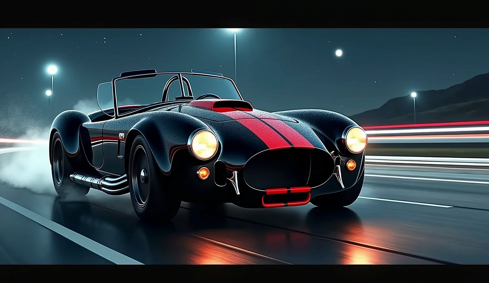 A cinematic wide-angle side view shot captures a gleaming 1966 glossy black with red race strip down the center Black side pipes out of the center of the hood is a street strip blower Shelby Cobra 427 Super Snake headlight beams piercing the darkness as it speeds down the road at night, stars and moon bold in the dark of night, every detail - from the gleaming wheels to the sculpted fenders - a testament to masterful realism., Hyperrealism, high detail, cinematic lighting, motion blur, motion lines, speed lines, retina, masterpiece, accurate, anatomically correct, textured skin, super detail, high quality, award winning, highres, 4K, 8k, 16k