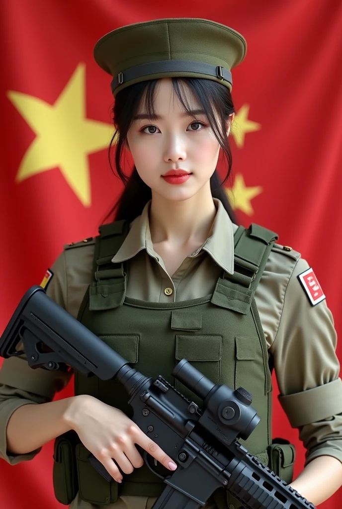 Asian woman in tank top holding gun, Beautiful Female Soldier, beautiful chinese woman, Military Girl, With a rifle, Perfect military peace, ning yizhuo, closeup portrait shot, Infantry Girl, chinese girl, chinese woman, with chinese flag, front view, casual clothes with light bulletproof vest, with chinese flag