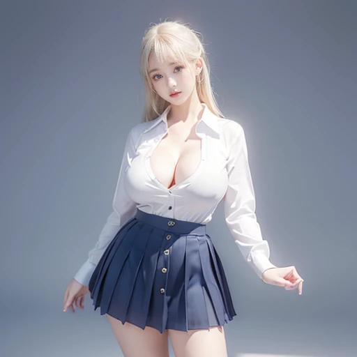 (Highest quality、Tabletop、8k、Best image quality、Award-winning works)、Cute school girl、(White polyester collared shirt:1.2)、(Navy Pleated Skirt:1.2)、Girl portrait photography、Glowing Skin、Platinum Blonde Hair、Are standing、(Large Breasts:1.7)、(Accentuate your body lines:1.3)、(Gravure idol pose)、garden、Natural light、(Button closed:1.3)、the distance is close
