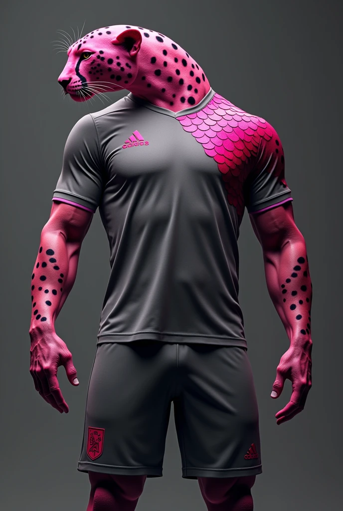 Brazilian football uniform ,no player, gray in color and a giant pink cheetah with pink scales on its right shoulder