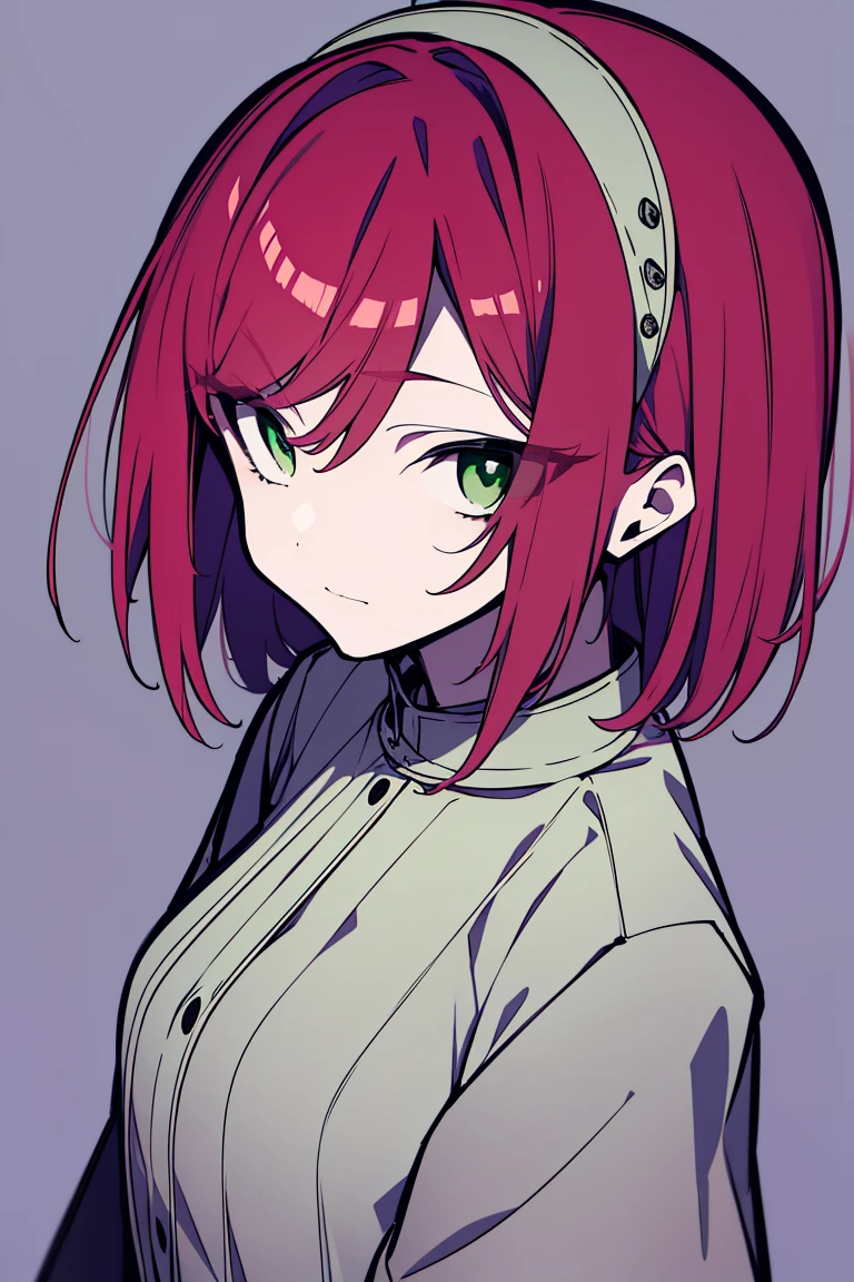 masterpiece,Best quality in best,One girl,solo,lookingin_in_Audience,前髪in,Monochrome,Upper body,Closed_mouth,purple_background,Reddish hair,Green Eyes