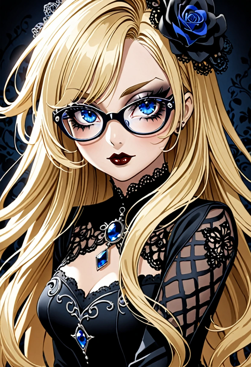 Femme blonde grand yeux bleues a lunettes, gothique , maquillage noir ,50 ans , gothique