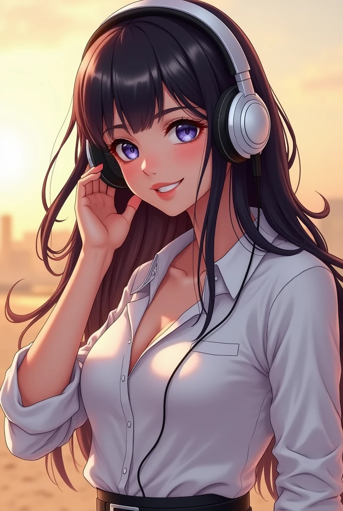 Arabian woman wearing a white shirt and headphones listening to music, artwork in the style of Gwaiz, Anime Style 4 k, Gwaiz, attractive Anime Girls, With headphones, beautiful Anime Girls, Anime Style. 8k, Anime Girls, Trending on cgstation, seductive Anime Girls, 4k anime wallpaper, Trending on cgstation, young Anime Girls