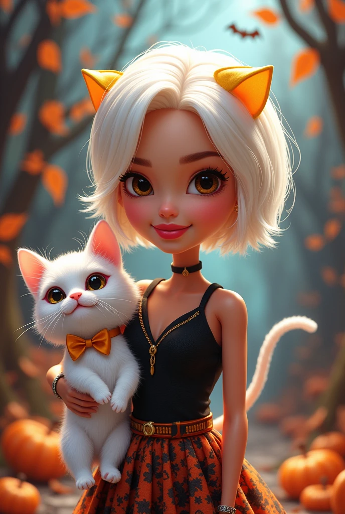 Adult Barbie cartoon Halloween style brown eyes short white hair and her white Turkish cat and yellow patches on her head and tail