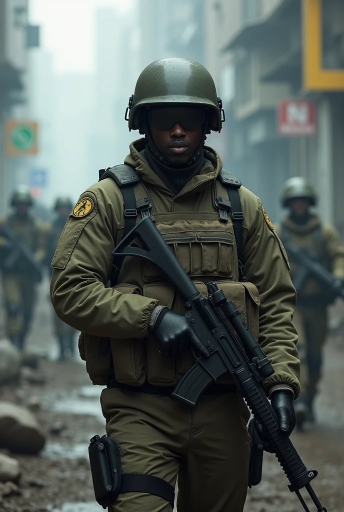 An equipped and armed operator standing in a war scenario looking directly at the camera