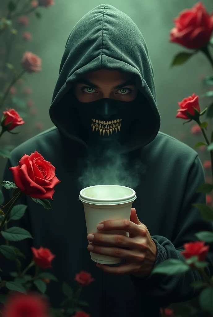 Trap music cover/rap roses and Lean cup some things related to the trap world/rap a white man with a cap hood and mask green eyes
