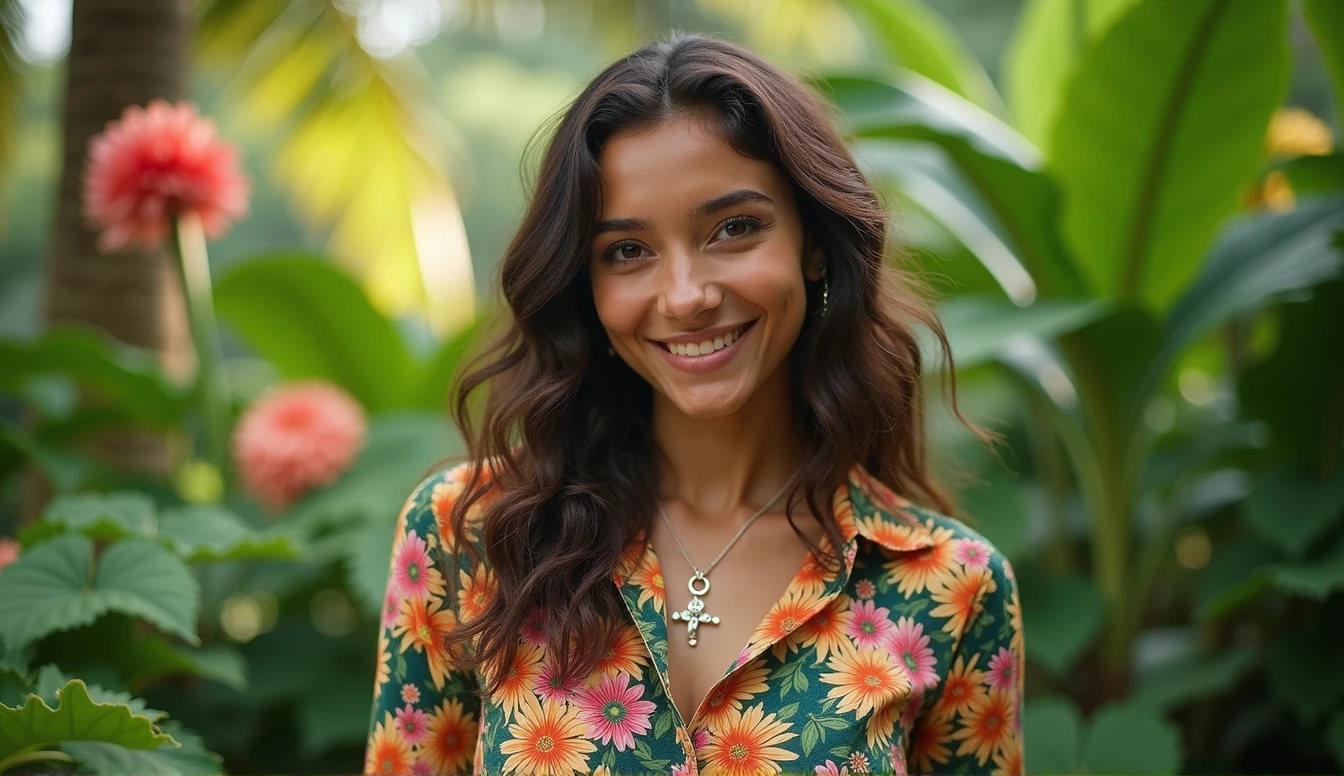 A Brazilian woman in a lush tropical garden, wearing a floral print shirt, with a close-up capturing the harmonious beauty and natural flowers, showing off your natural charm and outgoing personality.