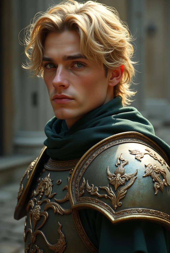 a young man, with golden hair and eyes that still shine with the same wisdom and power. He wears light armor, which reflects its draconic nature, but without drawing too much attention. Its appearance is imposing, but discreet