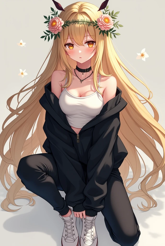 female character, anime, blond hair, Flower diadem, skin meat, sweater black sweater, white top, black pants, WHITE TENNIS