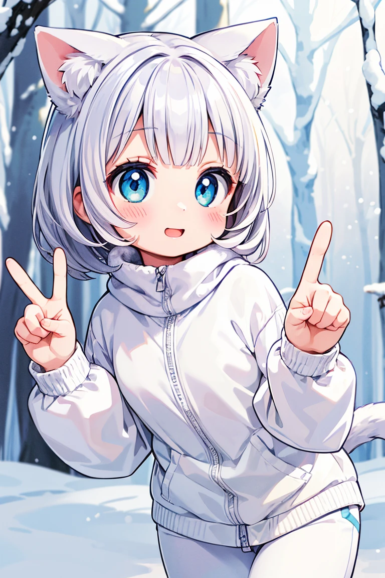 Beautiful illustration, best quality, cute girl, ((In a snowy forest)), pastel color, natural tones, platinum hair, ((Cat ears)), ((Looking at viewer)), ((Athletic body)), ((White Winter Outfit)), ((Happy)), (Blush), bright lighting, ((Big eyes)), ((v-sign)), ((Perfect hands))