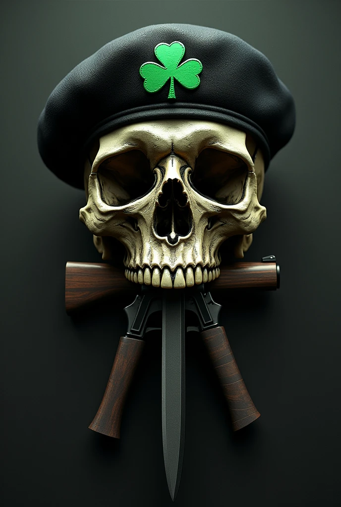 Skull skull wearing a black beret on the beret a green clover, the skull with two rifles through it, and with a knife cutting the middle of the skull 