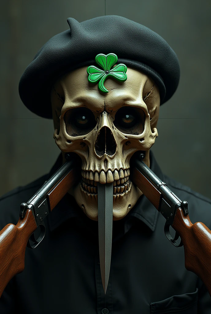 Skull skull wearing a black beret on the beret a green clover, the skull with two rifles through it, and with a knife cutting the middle of the skull
