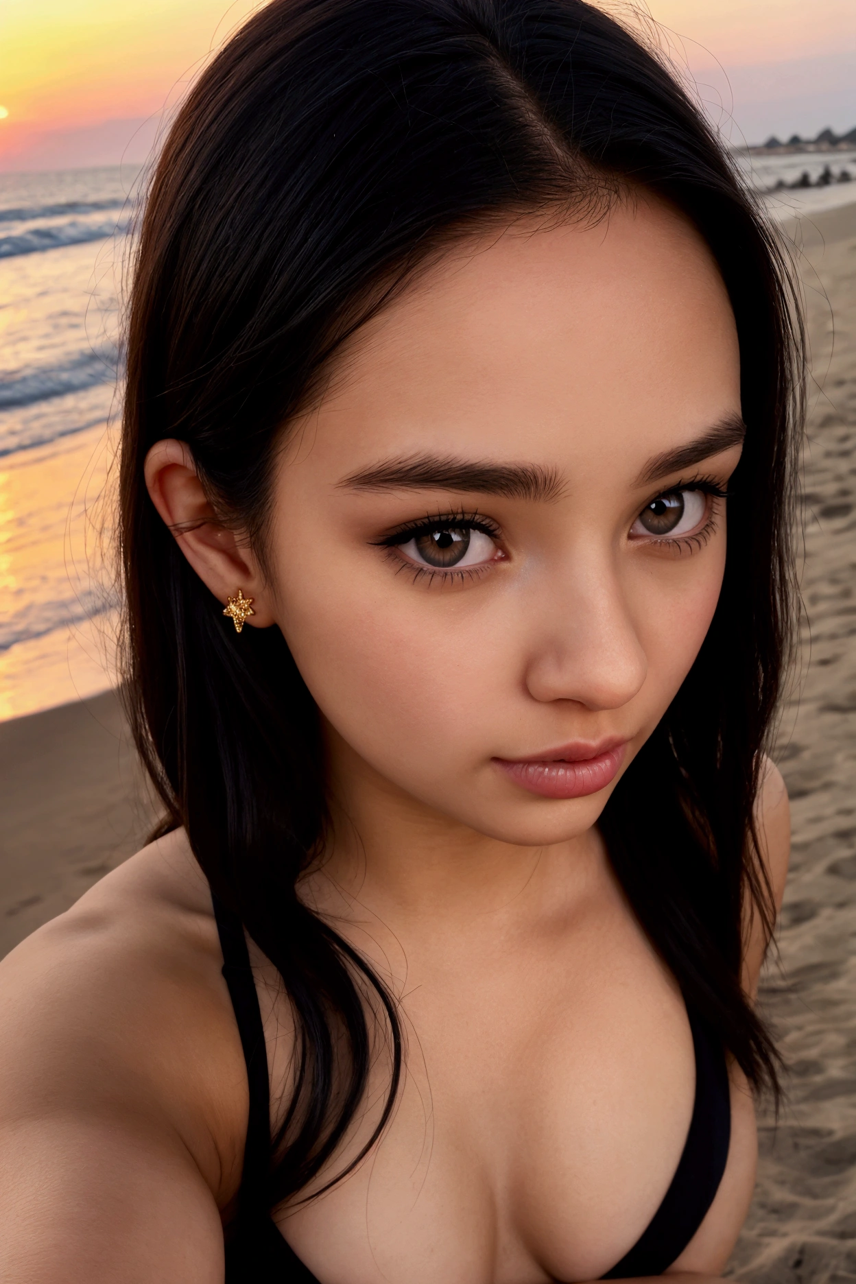 hyper realistic image of a girl in her teens taking a selfie, long straight black hair, small cute nose with a sparkly small nose stud, sexy cute girl, black tube top ending above bellybutton, belly button sparkling piercing, elegant gold jewellery, 'fox eye' eyelashes but no nheavy eye makeup, cute fuller lips, selfie taken from eye point of view, beach late sunset as background, image undetectable from reality
