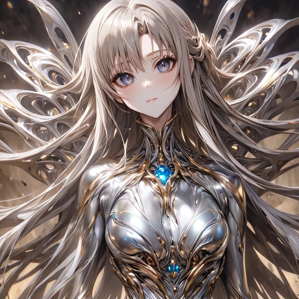 ((Highest quality)), ((masterpiece)), (detailed), （Perfect Face）、The woman is Yuuki Asuna, with metallic silver skin and medium-long silver hair.、The woman is a metallic lifeform made entirely of metal.