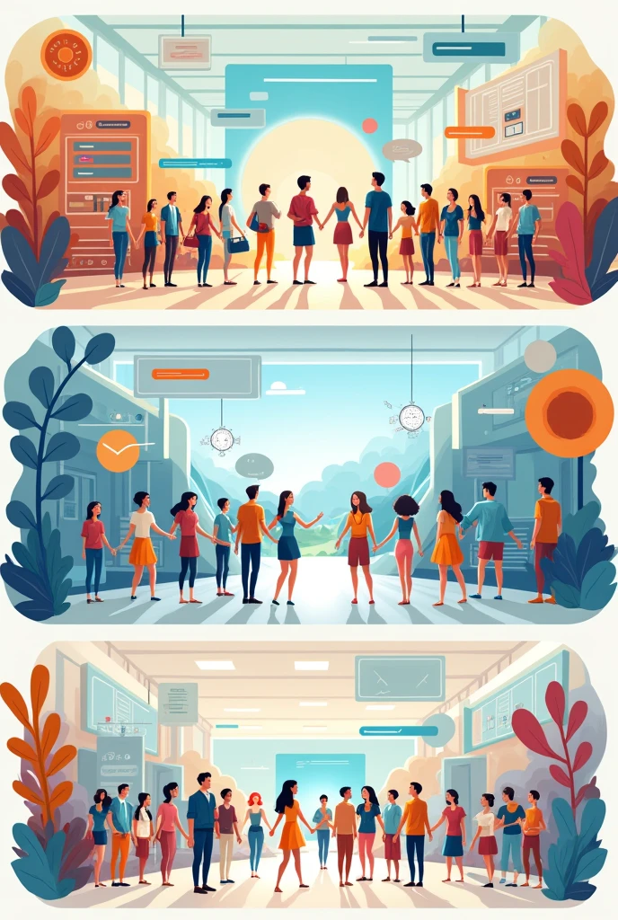 Sequence of horizontal and different drawings of the principles: transcendence, autonomy, singularity, opening for a school with people