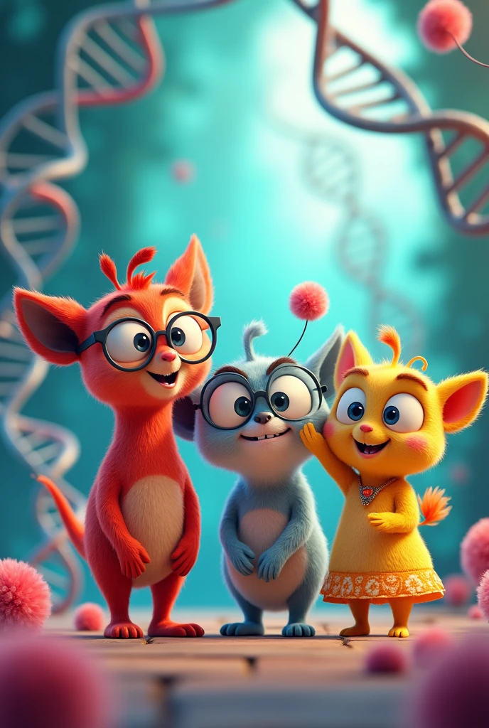 make me animated characters from guanine, Adenine, cytosine and thymine