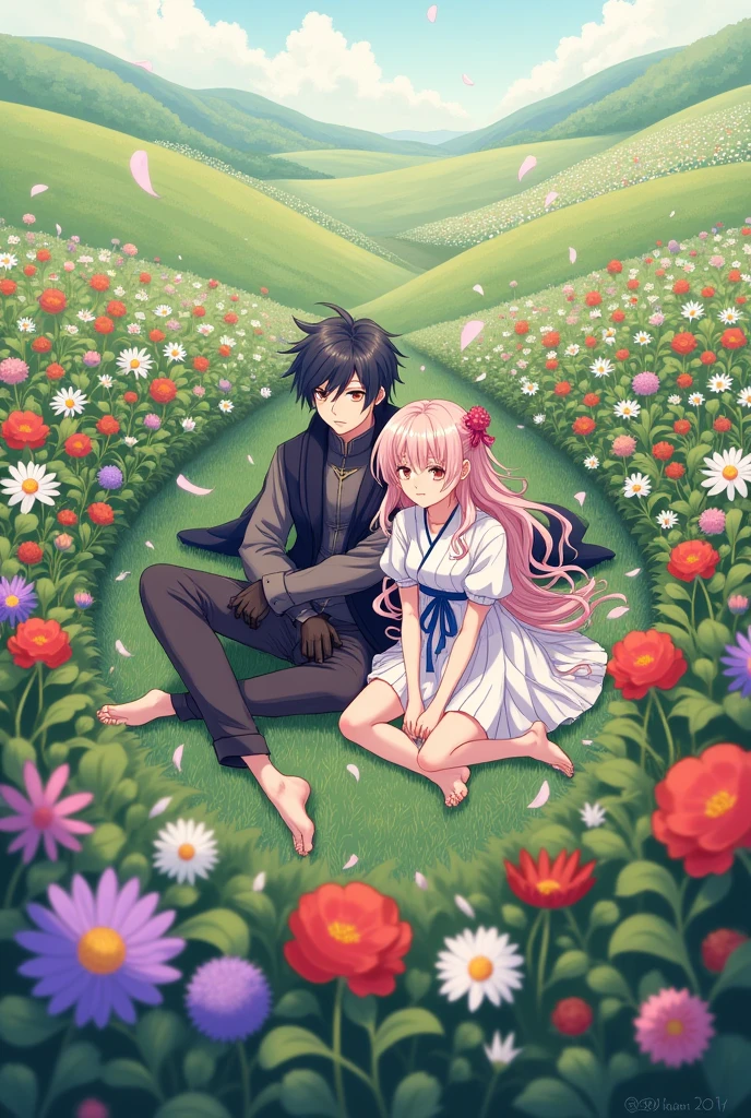 Kanae Kocho sitting in a flower field with Tomioka Giyuu