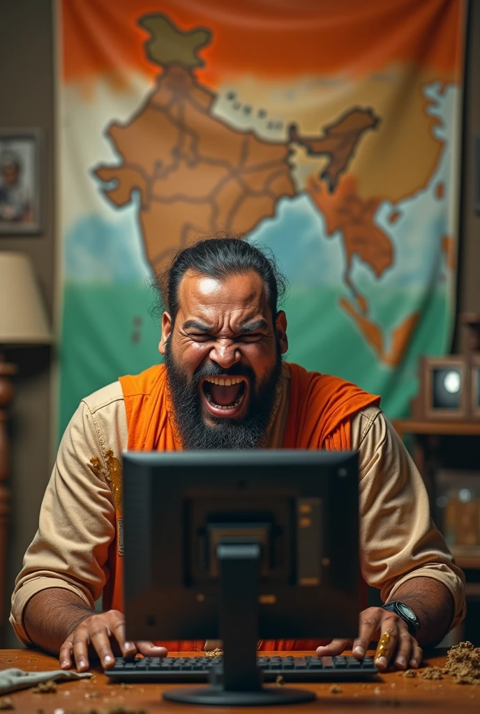A Hindu in front of desktop shouting, placing hands on the keyboard, a map of undivided India is visible on the wall behind him, cow dungs are haphazardly left around him. 