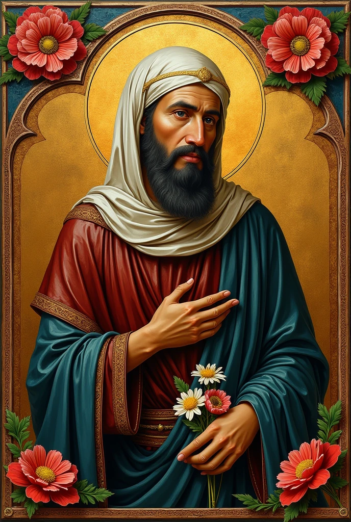 Old orthodoxe painting of the prophet Mohamed with flowers in a frame, in a sacred orthodoxe style. Icone orthodoxe. Medieval, iconographie religieuse, neo gothique. Vitrail