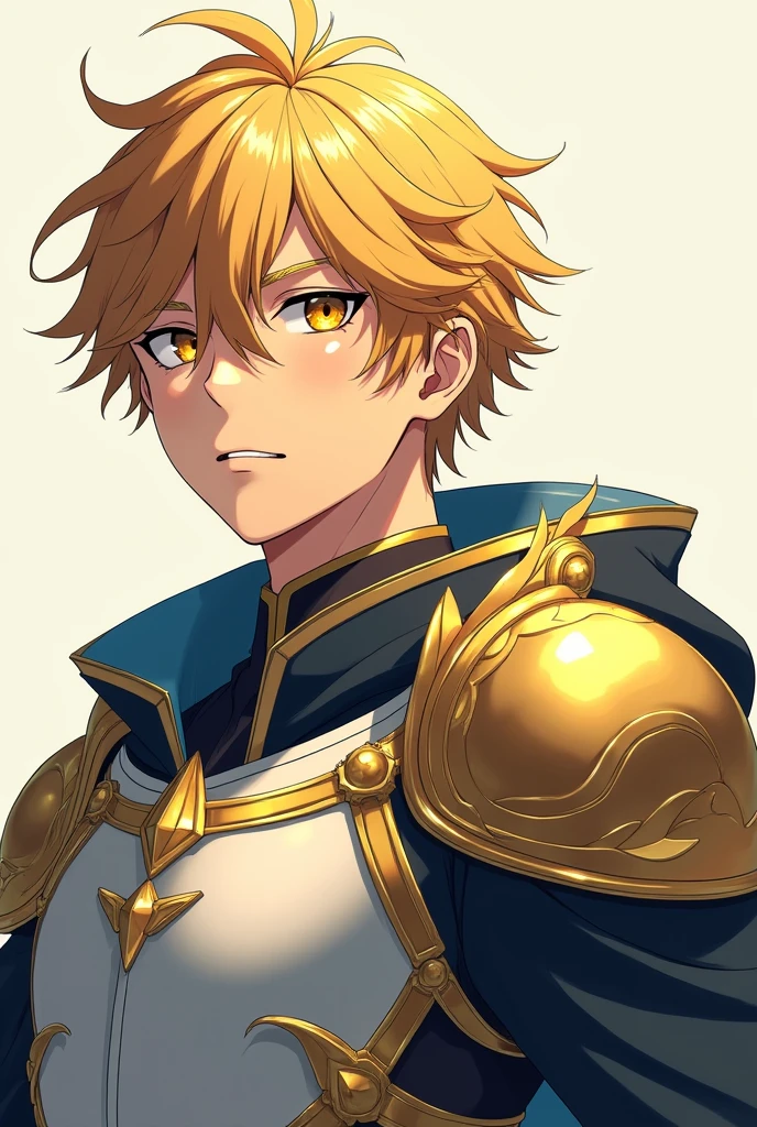 a young man in anime style, with golden hair and eyes that still shine with the same wisdom and power. He wears light armor, which reflects its draconic nature, but without drawing too much attention. Its appearance is imposing, but discreet