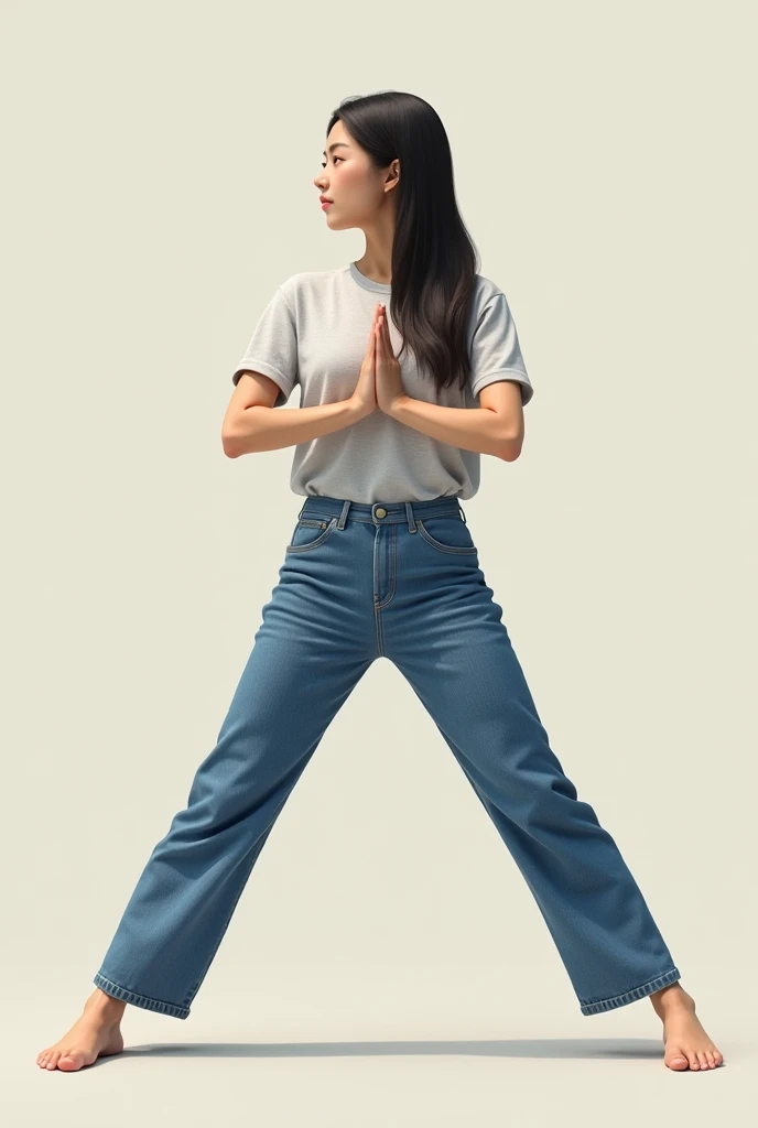 Spread your legs wide from side to side、Barefoot Japanese woman in jeans stretching