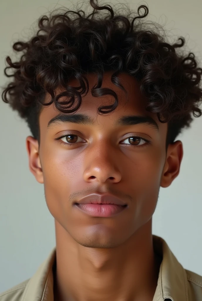 Show me a 16 year old male with perfect facial harmony and good features with 3c hair medium length. Browm skin color
