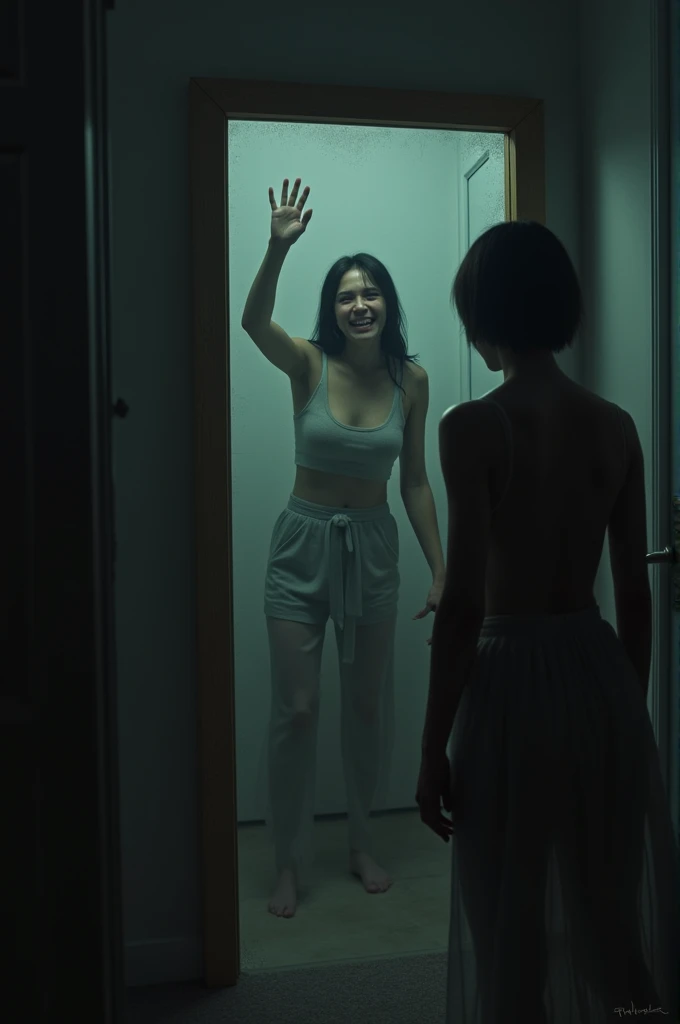 Slowly, it raised its hand, waving at her."Image 3: The reflection smiling unnaturally while the person looks terrified.