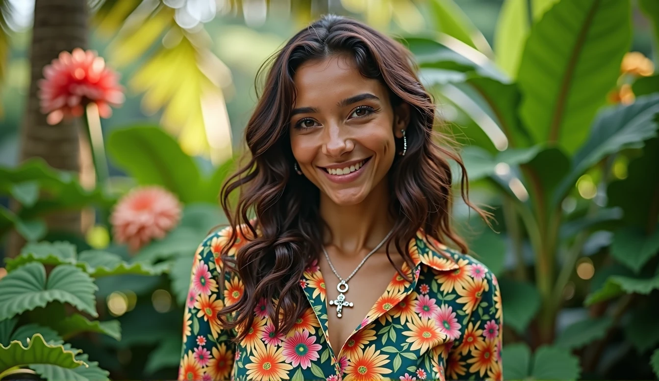 A Brazilian woman in a lush tropical garden, wearing an open shirt with a floral print, with a close-up capturing the harmonious beauty between her breasts and the natural flowers, showing off your natural charm and outgoing personality.