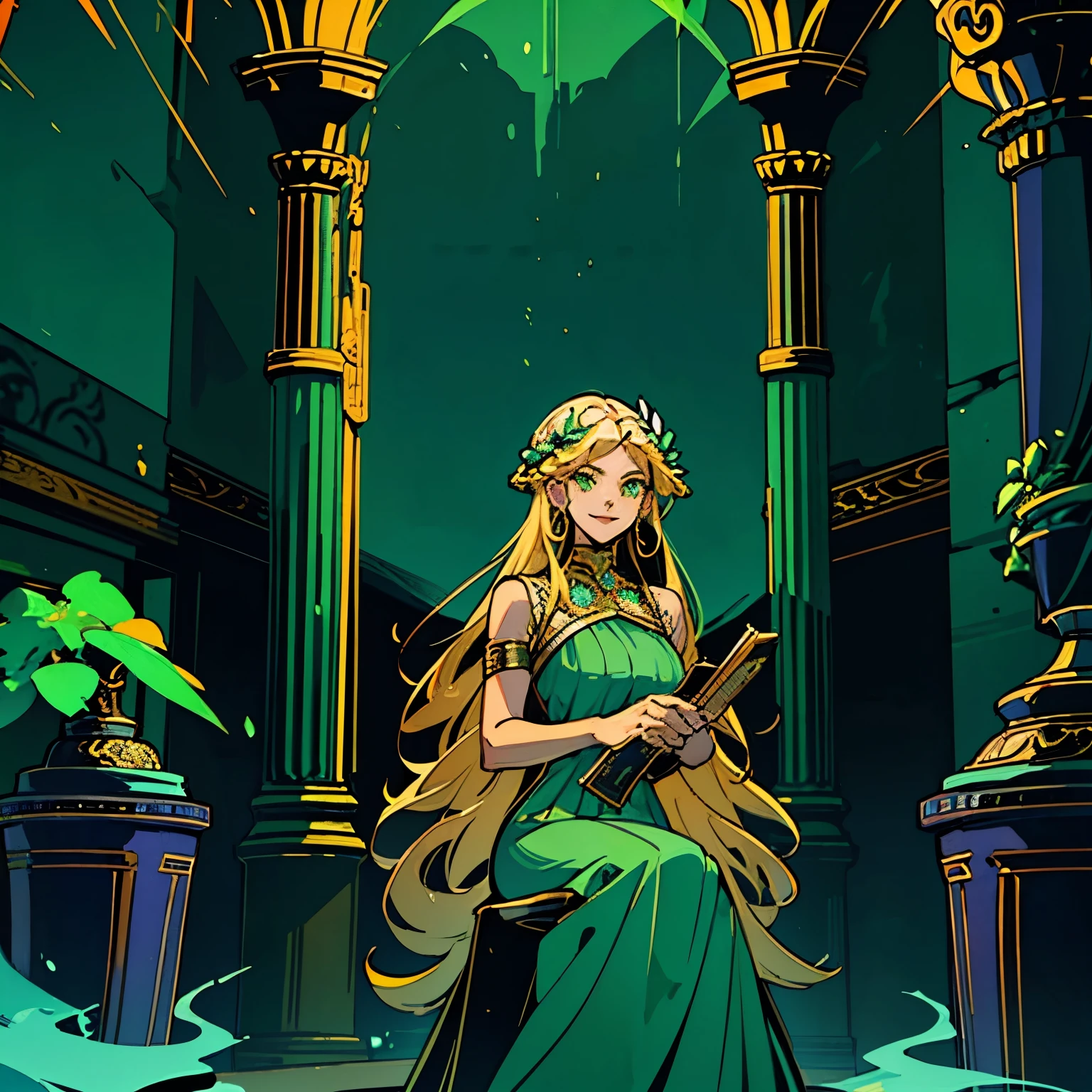 1woman, alone, 25 years old, young, blonde long hair, green eyes, insister sur les reflets des yeux verts, cheveux blonds, long hair, desorganized haircut, uke, green dress, robe verte, green outfit, green clothes, pure outfit, smiling, hades style, hades game, Jen zee style, greek themed image, greek background, persephone, tartarus scenery, fumes, greek columns in background, lots of columns, greek architecture, green themed image, black furniture, blue touches of color, orange walls, looking at viewer, holding an urn of value hades game wiki obols, hades, game, wiki, obols, orange flowers