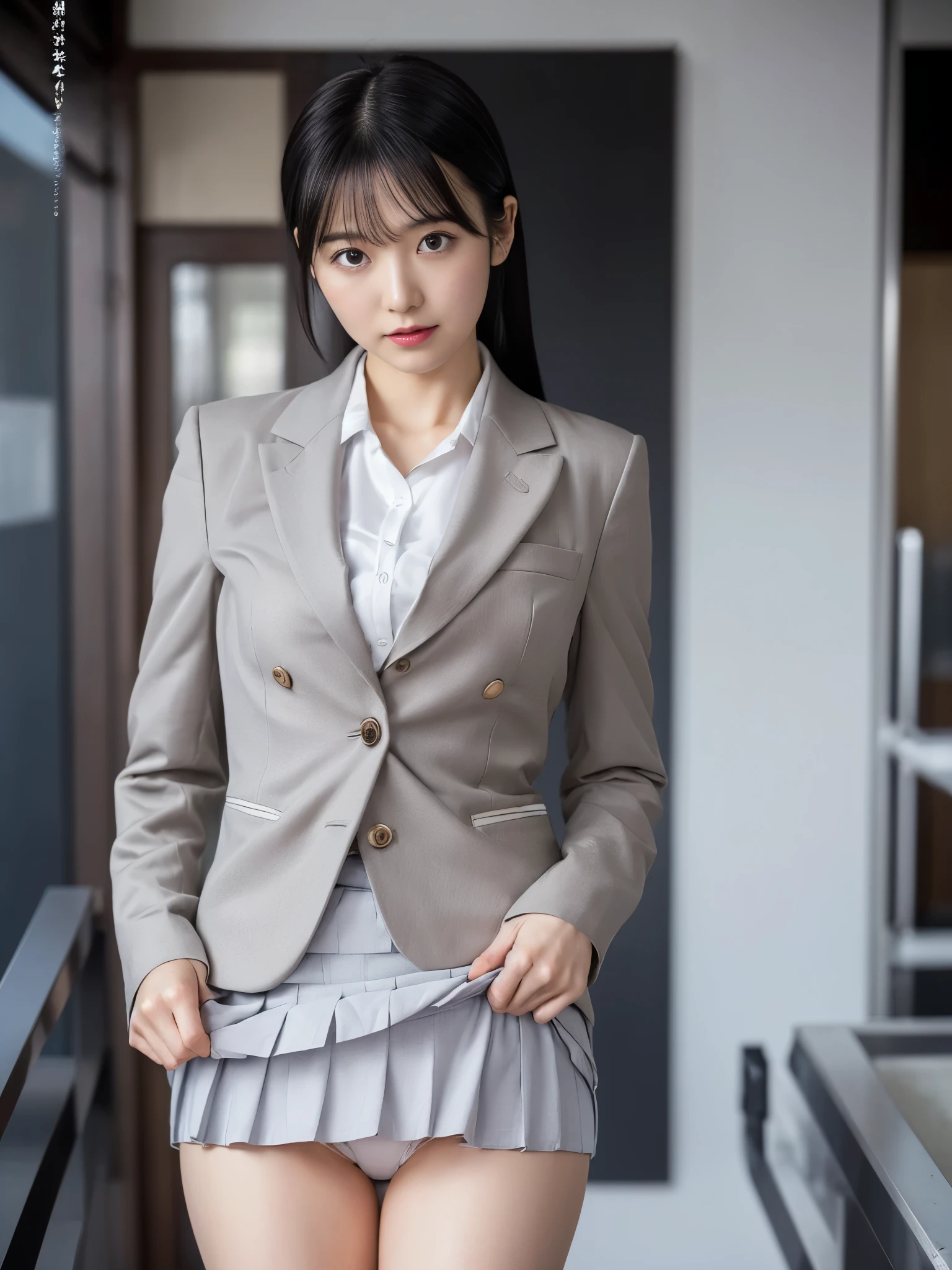 Highest quality, detailed, beautiful, insanely detailed, Absurd,
Japanese women,Black Hair,Age 27,
(thin),Gray business suit, Grey Skirt,White blouse,
(small breasts Highest quality),,(Skirt Lift:1.3),(White panties:1.1), Showing panties,Camel Toe
