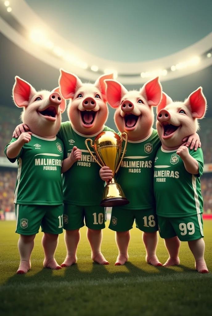 four extremely happy pigs celebrating, wearing the Palmeiras football uniform holding a championship trophy