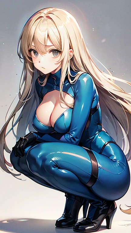 Beauty,Around 20 years old,
Blonde,
(Black Eyes),
(Semi-long hair:1.7),
(expression:Puzzled),
Squat,
Place your arms on your thighs,
Big Breasts,Cleavage:cover,
((Zero Suit:Shiny:Sunlight from the center)),
(Plain background:grey,1.5),
4K,
high quality,
Highest quality,
Delicate shades,
Detailed depiction,
Depict the whole,
Facial Contour,
Perfect body structure,
Perfect skeleton,
Perfectly symmetrical eyes,