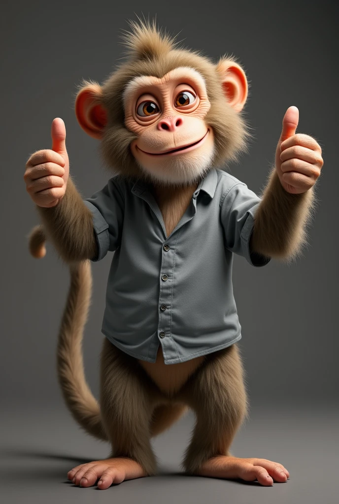 Monkey standing in gray dress shirt and showing thumbs up with both hands