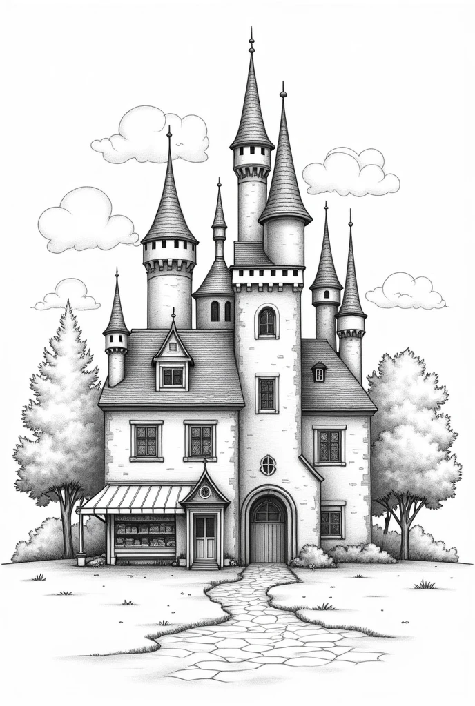the picture shows a line drawing of a split image, on which on one side you can see a small bakery in a forest and on the other side a huge castle in a kingdom. the two buildings meet in the middle and merge there by having windows and doors in the same place
