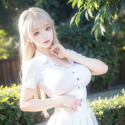 (Highest quality、Tabletop、8k、Best image quality、Award-winning works)、Cute school girl、(White polyester collared shirt:1.1)、(Navy Pleated Skirt:1.1)、Girl portrait photography、Glowing Skin、Platinum Blonde Hair、Are standing、(Large Breasts:1.7)、(Accentuate your body lines:1.1)、(Gravure idol pose)、garden、Natural light