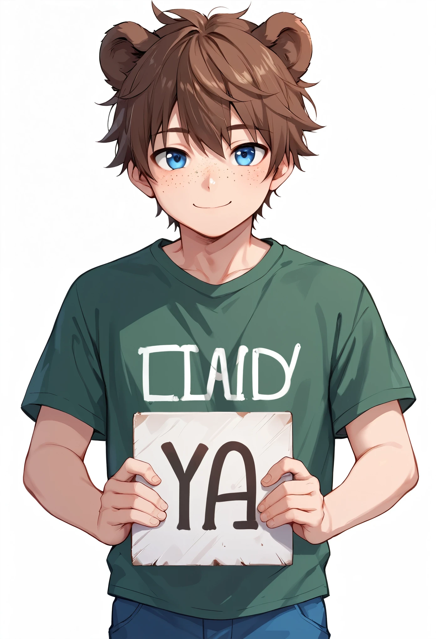score_9_up, score_8_up, score_7_up, 1boy, solo, source_anime, young adult, adult man, kemonomimi, bear ears, brown hair, short hair, messy_hair, blue eye BREAK freckles, green shirt, short sleeves, blue pants, upper body, holding with two hands, holding sign, white sign, big sign, smile, closed mouth, white background, simple background, looking at viewer