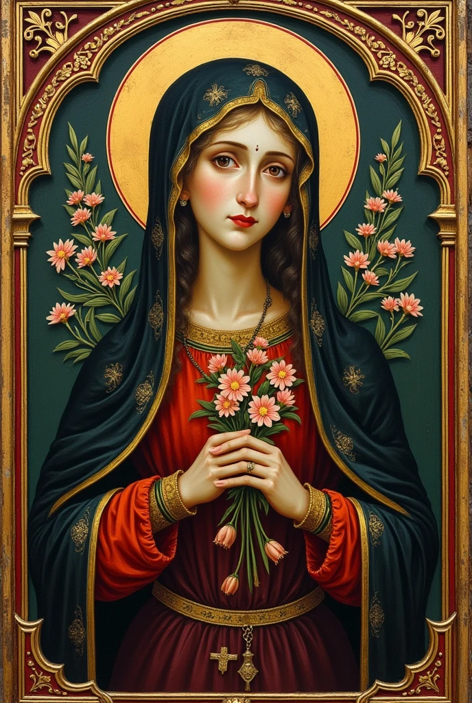 Old orthodoxe painting of Aicha with flowers in a frame, in a sacred orthodoxe style. Icone orthodoxe. Medieval, iconographie religieuse, neo gothique. Vitrail