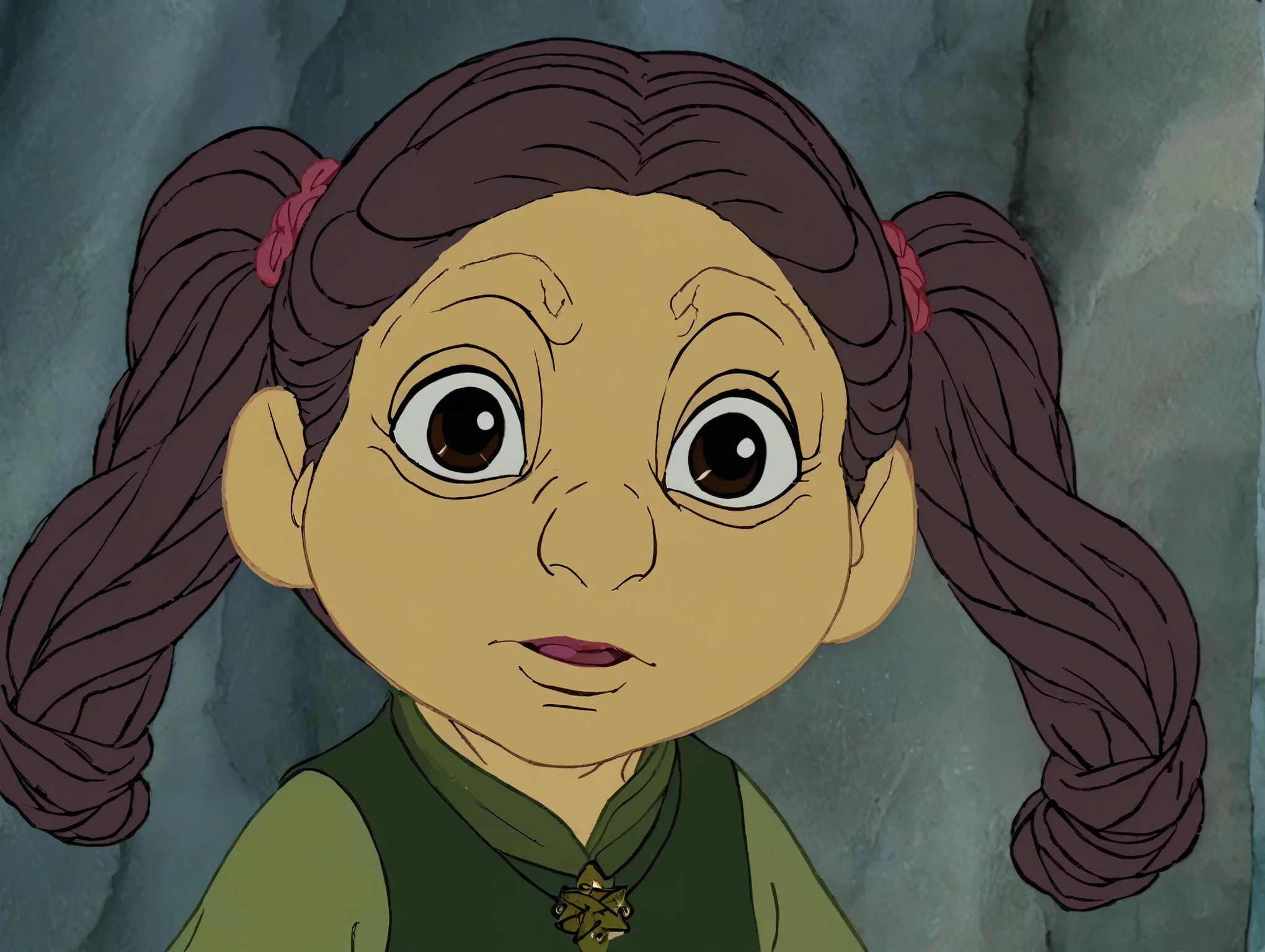 Spinel universe brown hair with pigtails with star clips ( in rankinbasshobbit style:1.1)