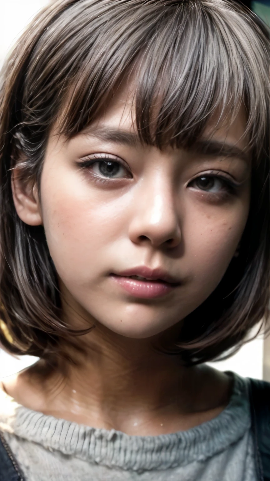 (Realistic、Like a photograph、Live Action、8k, Realistic, RAW Photos, Best image quality: 1.4), Single-lens reflex camera、RAW Photos, Highest quality, Realistic, Very detailedな CG Unity 8k 壁紙, Written boundary depth, Cinematic Light, Lens flare, Ray Tracing、Realistic background、(Landmine Girl)、((Ultra-Dense Skin))、Frowning、short hair:1.2、Silver Hair、stylish、Very detailed、Pay attention to the details、Perfect outfit、(White skin)、Super detailed face:1.5、Close-up