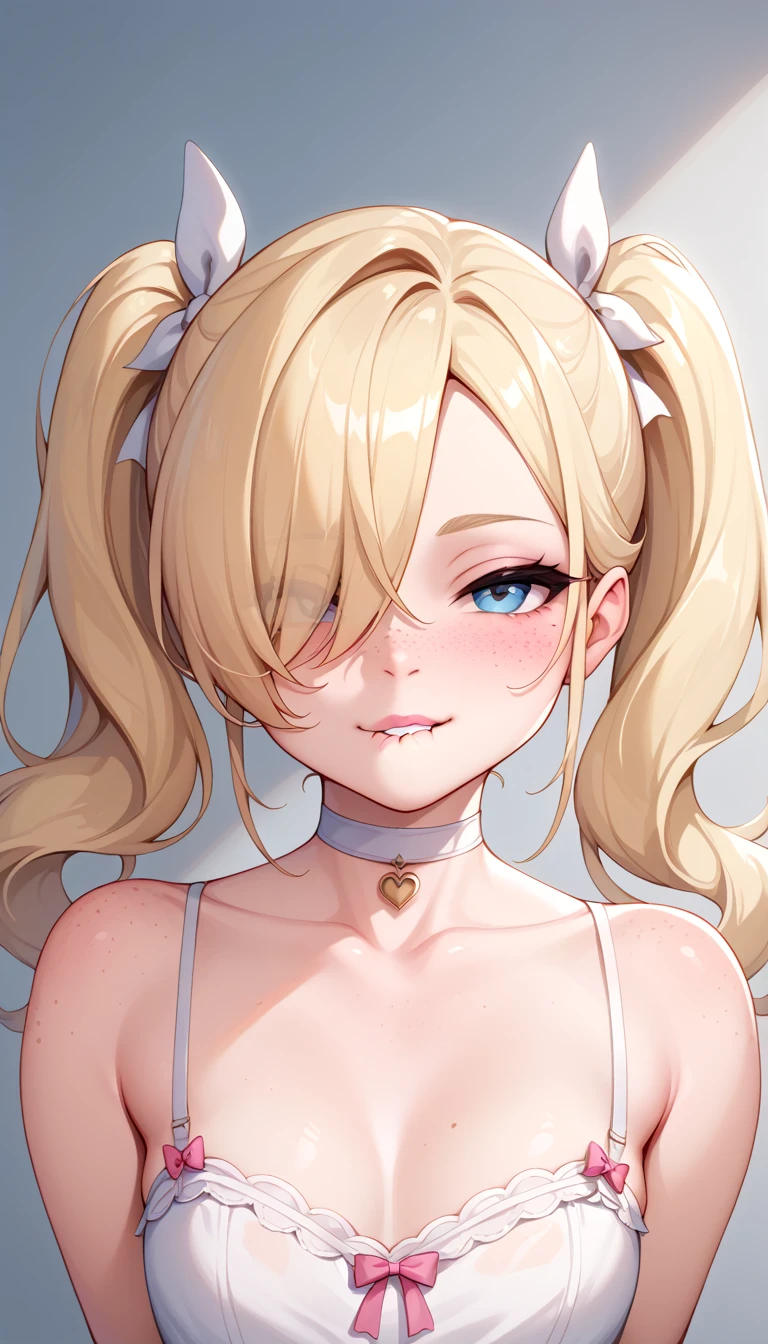 score_9,score_8_up,score_7_up,score_6_up,score_5_up,score_4_up,
1girl, pretty girl, blonde hair, in twintails, hair over 1 eye, cute nose. biting lip, seductive, white choker, pink lips, freckles,