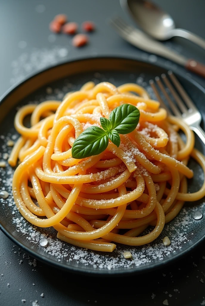 cinematographic film, noodle , light background, quality photo, Wet texture, frost, studio photo, succulent. Shallow depth of field, highy detailed, high budget, bokeh, cinemascope, temperamental, epic, marvelous, Top view delicious pasta on plate.