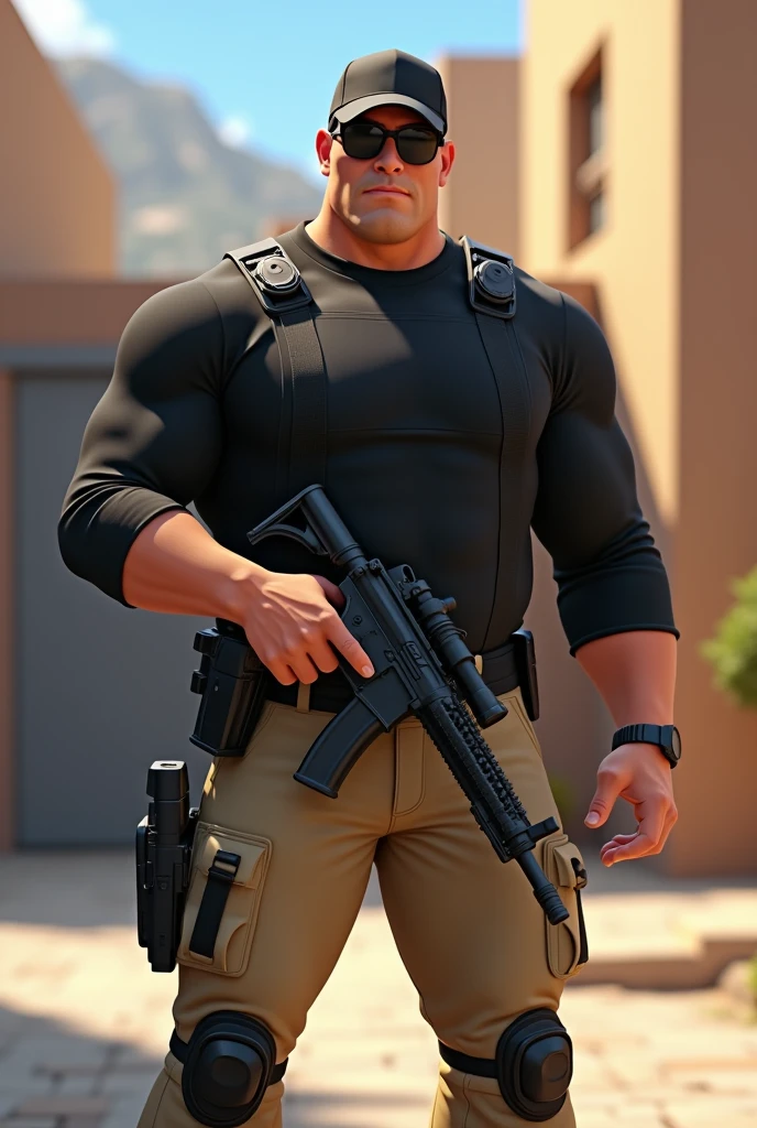 Strong Security Man Disney Pixar, 4k, HD, dressed in black long sleeve tactical shirt, beige tactical pants, black cap, dark colored glasses, with a toy Glock-type weapon outside a building 